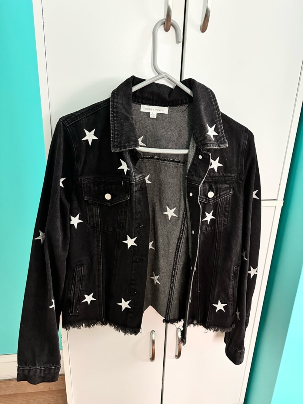 Black Silver Sparkly Star Print Denim Jacket